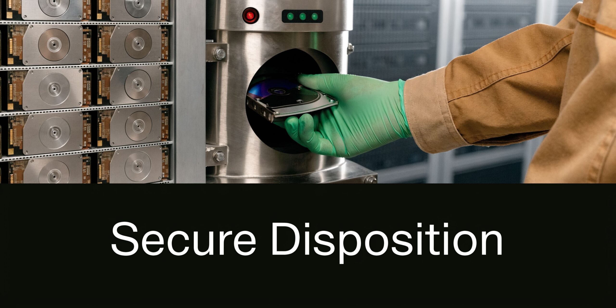 A technician wearing a green glove inserting a hard drive into a secure data destruction machine.