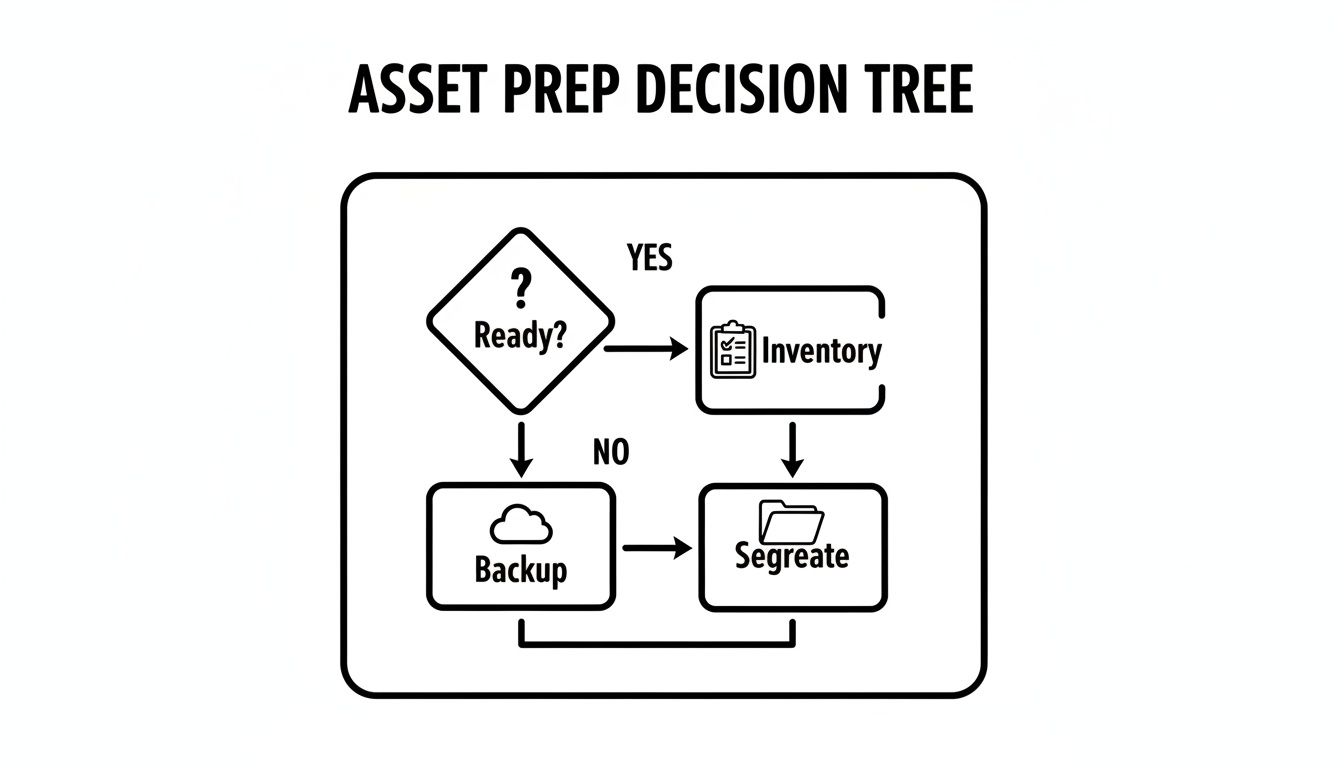 Flowchart showing an asset preparation decision tree with steps for readiness, inventory, backup, and segregation.