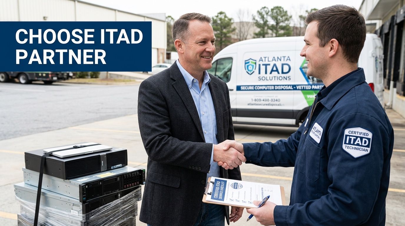 Two men shaking hands in front of an ITAD van with computer equipment for secure disposal.