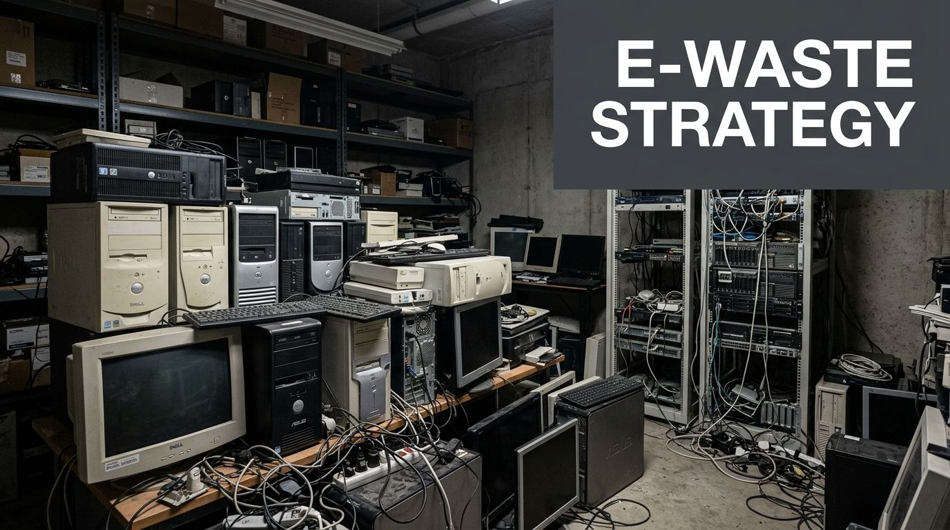 A cluttered room filled with stacked old computer towers, CRT monitors, and tangled server equipment for recycling.