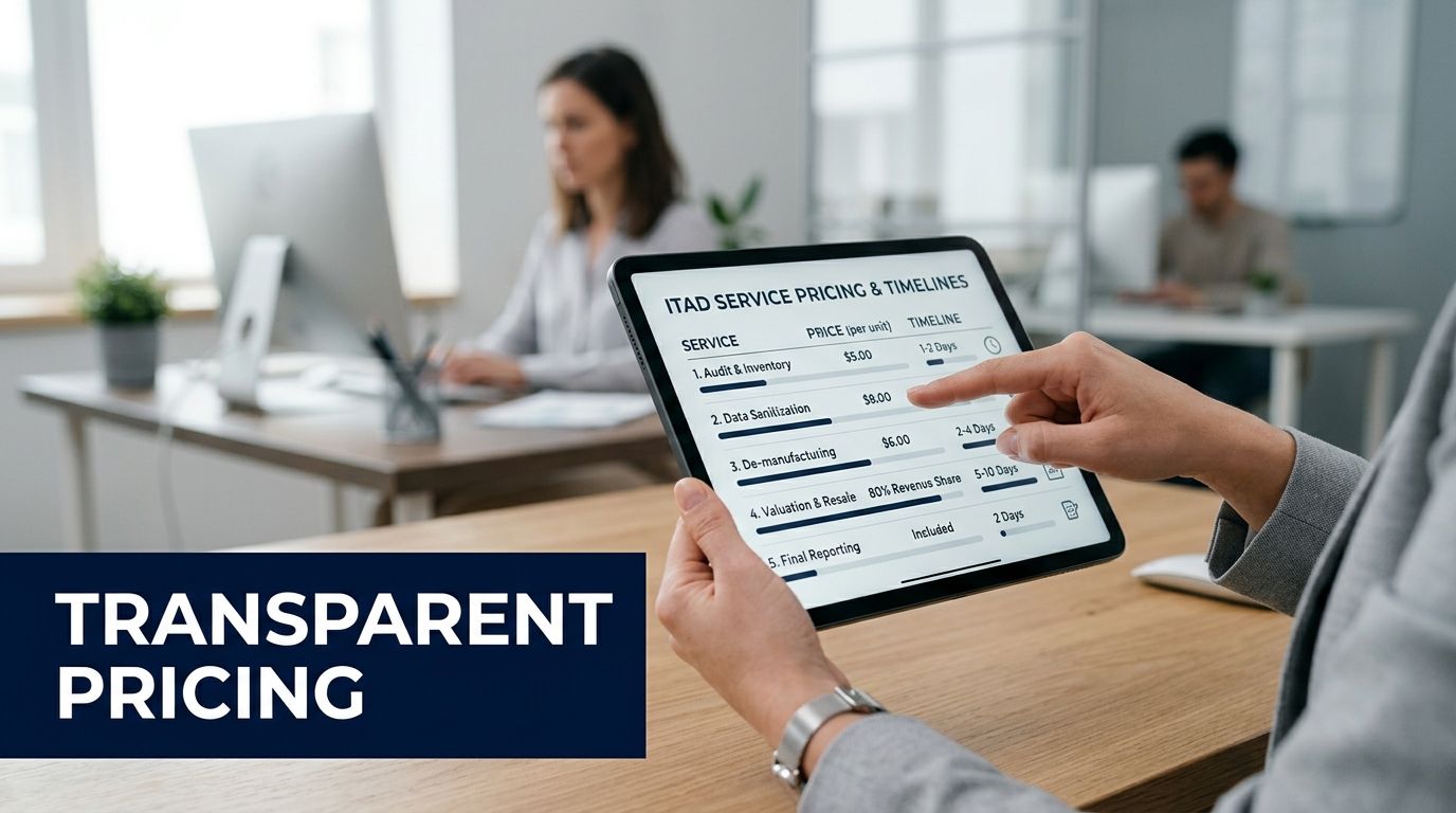 A professional holding a tablet displaying a clear ITAD service pricing and timeline breakdown in an office.
