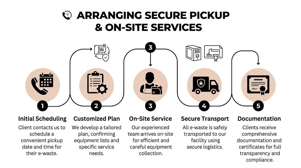 A five-step infographic showing the process of arranging secure electronic waste pickup and on-site recycling services.