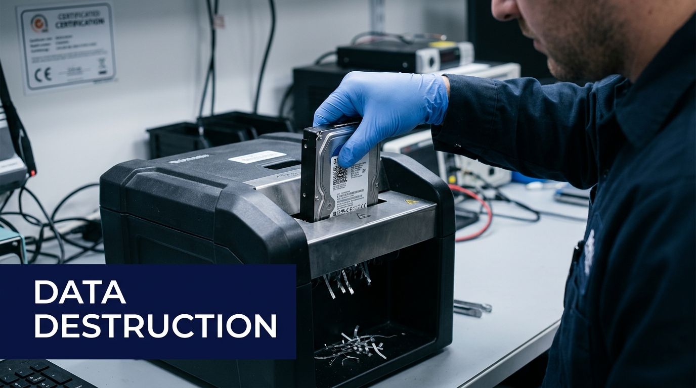 A person wearing blue gloves feeding a hard drive into a data destruction machine.