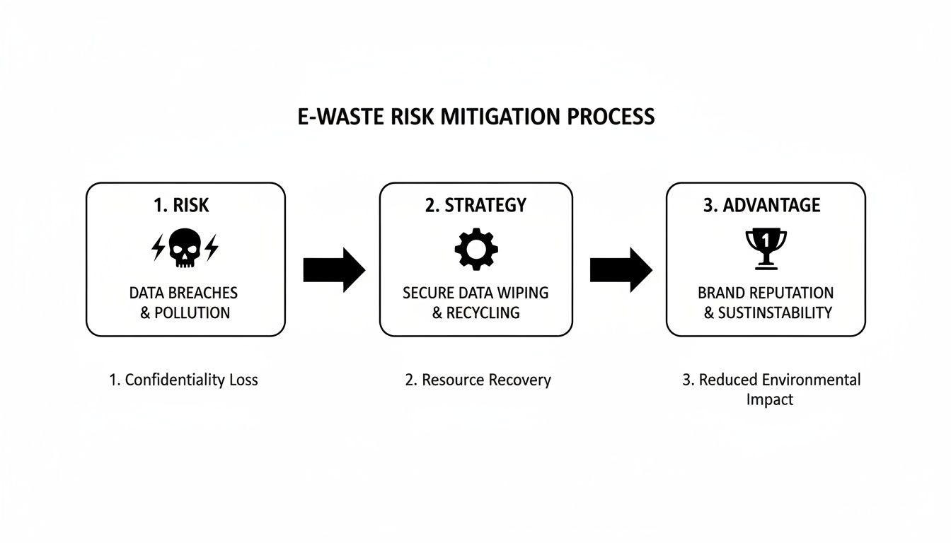 Diagram showing the E-waste risk mitigation process, from risks to strategy and advantages.