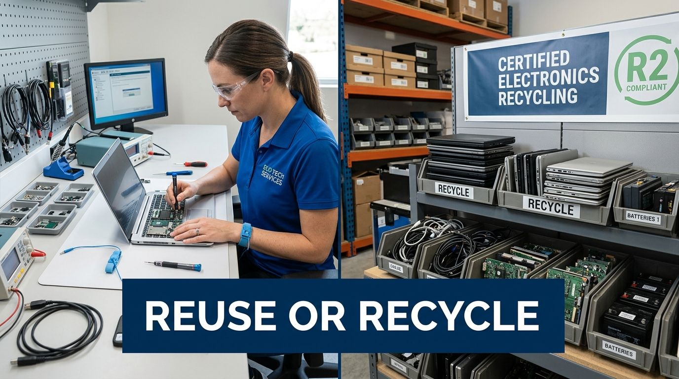 Woman repairs electronics on a bench, while shelves hold laptops and parts for certified recycling.