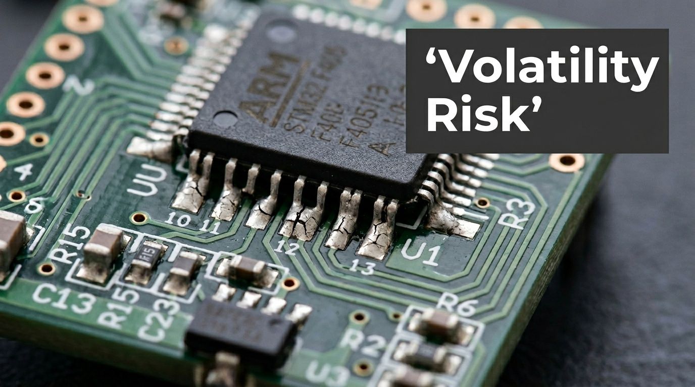 A close-up view of a circuit board featuring an ARM microcontroller with cracked solder joints on its pins.