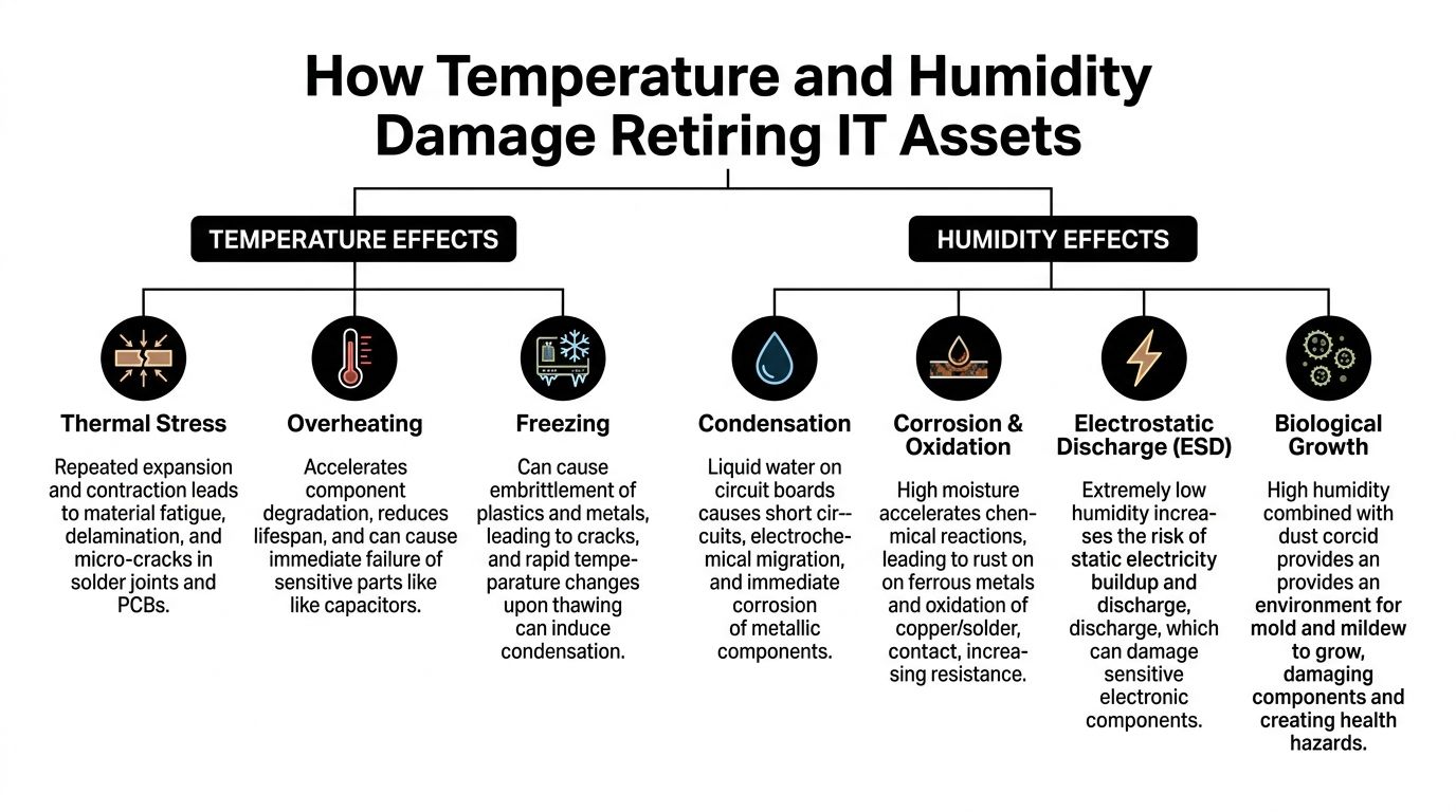 A diagram illustrating how extreme temperature and humidity levels cause damage to retired IT hardware components.