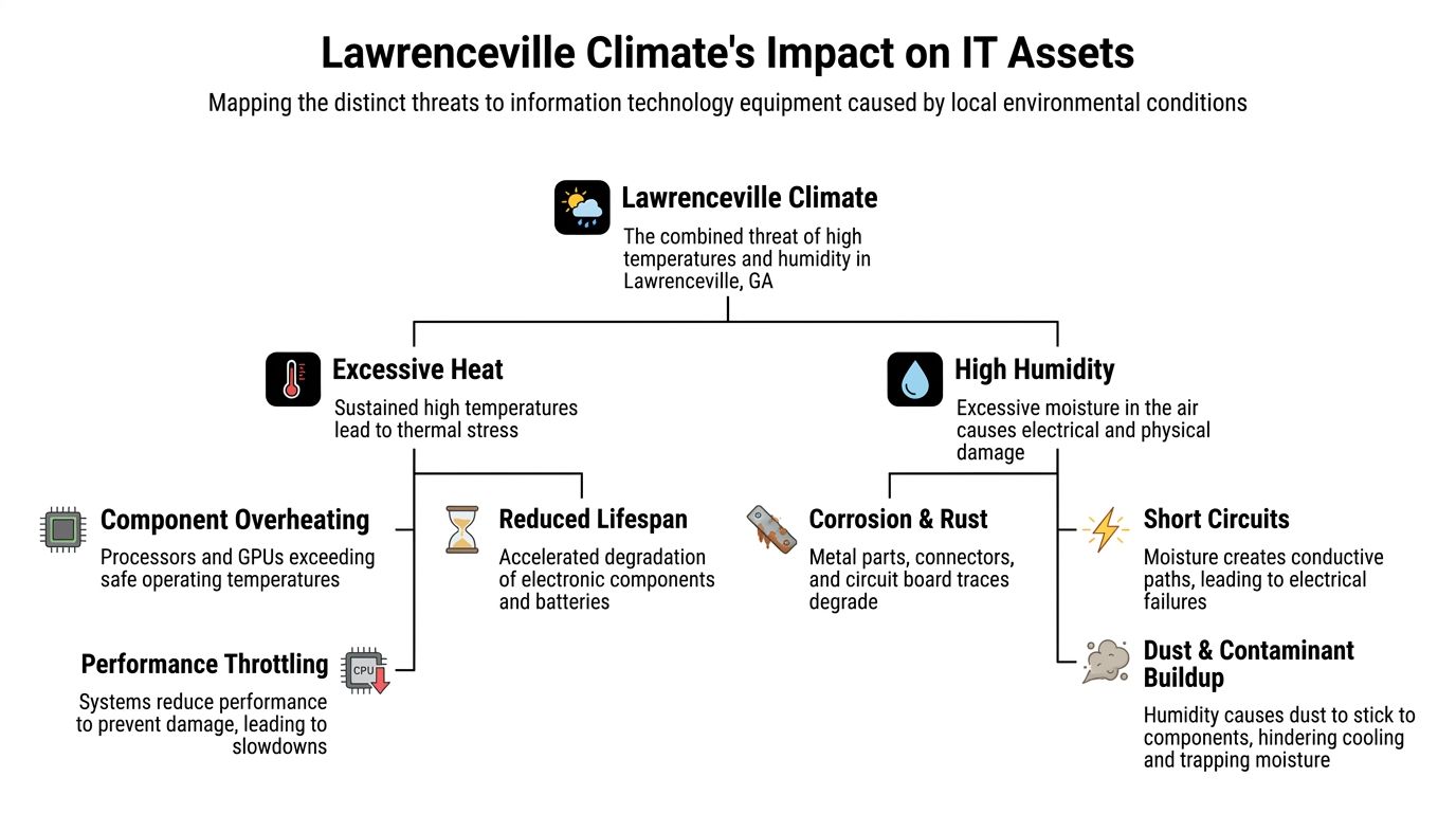 A diagram illustrating how Lawrenceville, Georgia's climate of heat and humidity damages IT hardware assets.