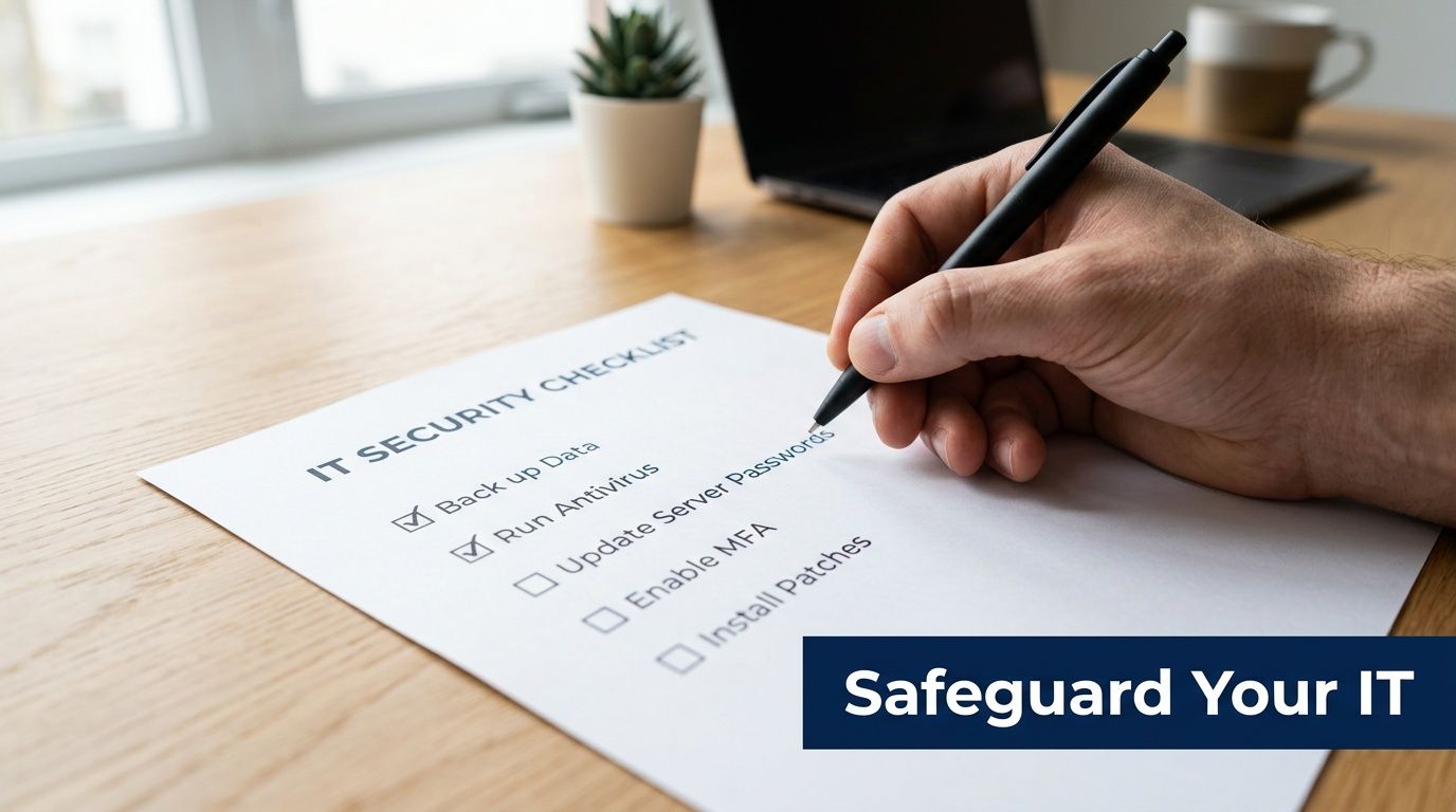 A person checking off items on an IT security checklist with a black pen on a wooden desk.