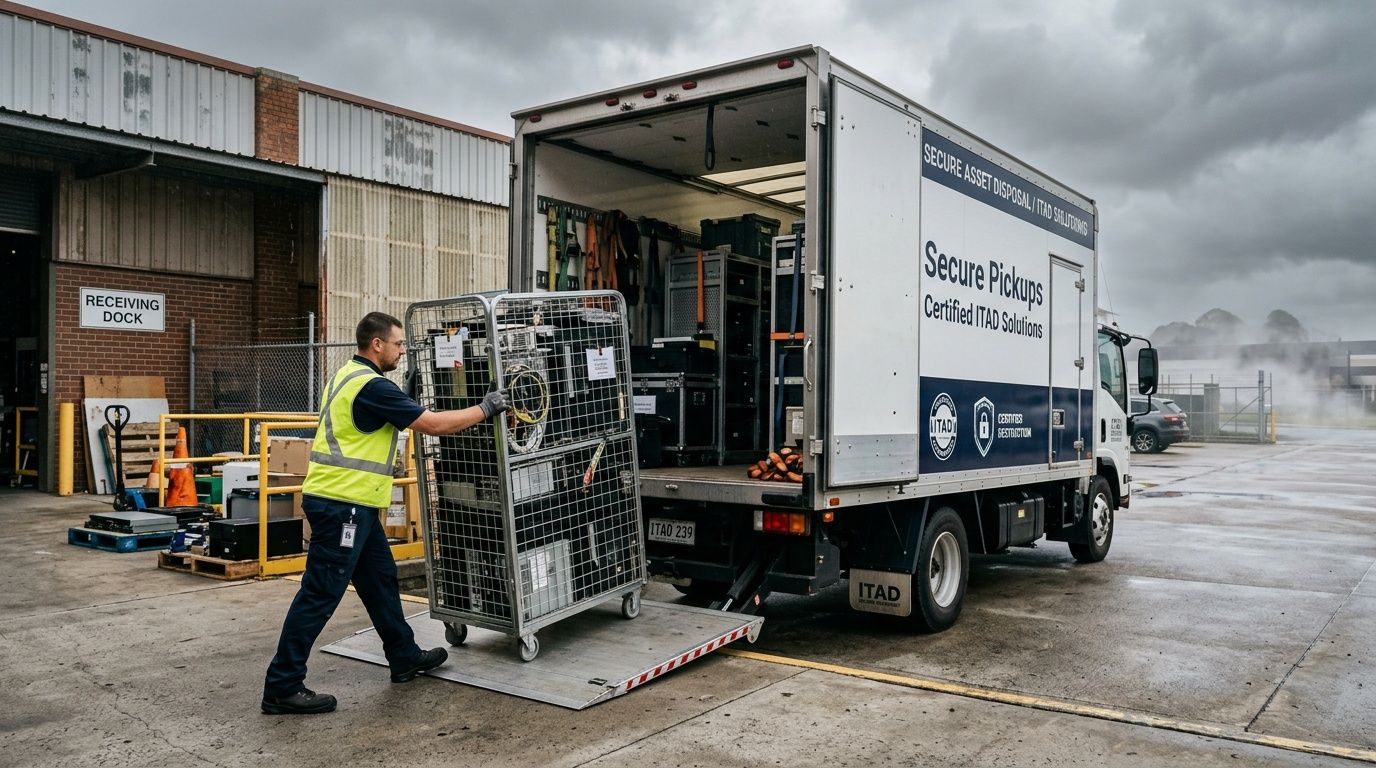 A worker in a high-visibility vest loading a secure equipment cage into an ITAD collection truck.