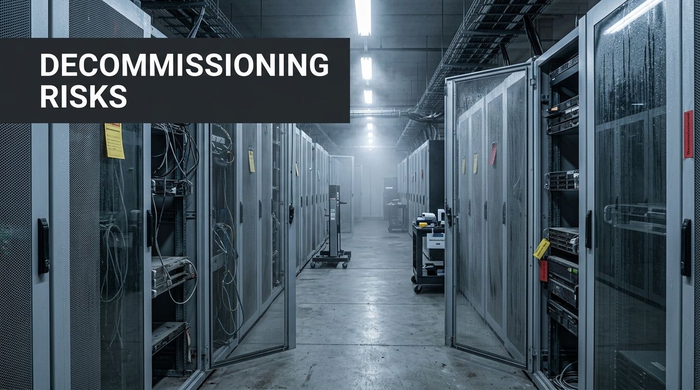 An aisle in a modern data center with server racks and equipment under dim lighting conditions.
