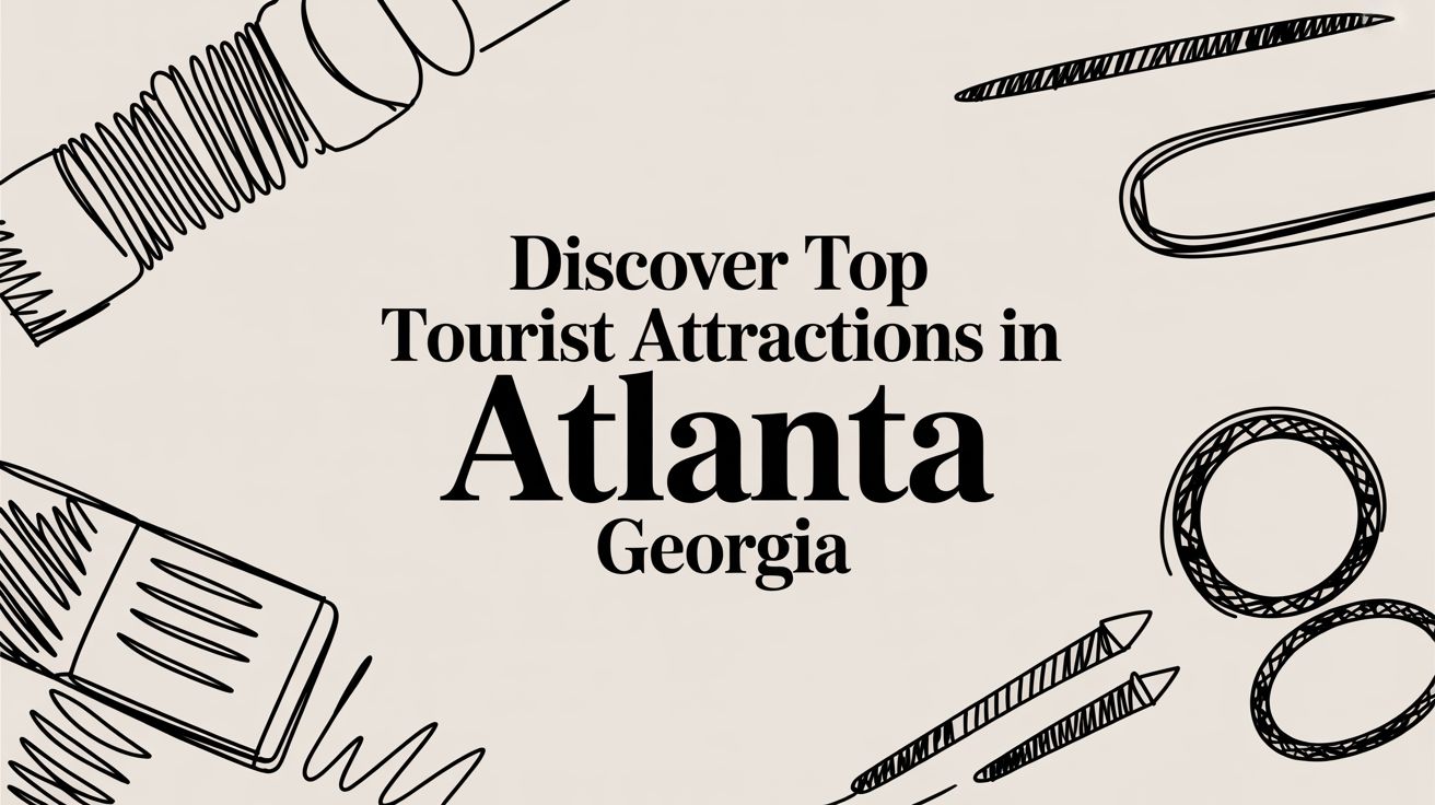Promotional banner with text 'Discover Top Tourist Attractions in Atlanta, Georgia' surrounded by sketchy office-doodle borders like pencils and paper clips.