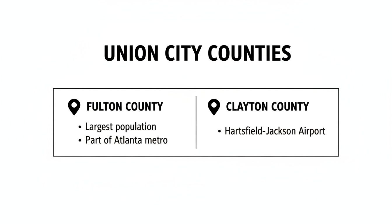 Chart showing Union City counties: Fulton (largest population, Atlanta metro) and Clayton (Hartsfield-Jackson Airport).