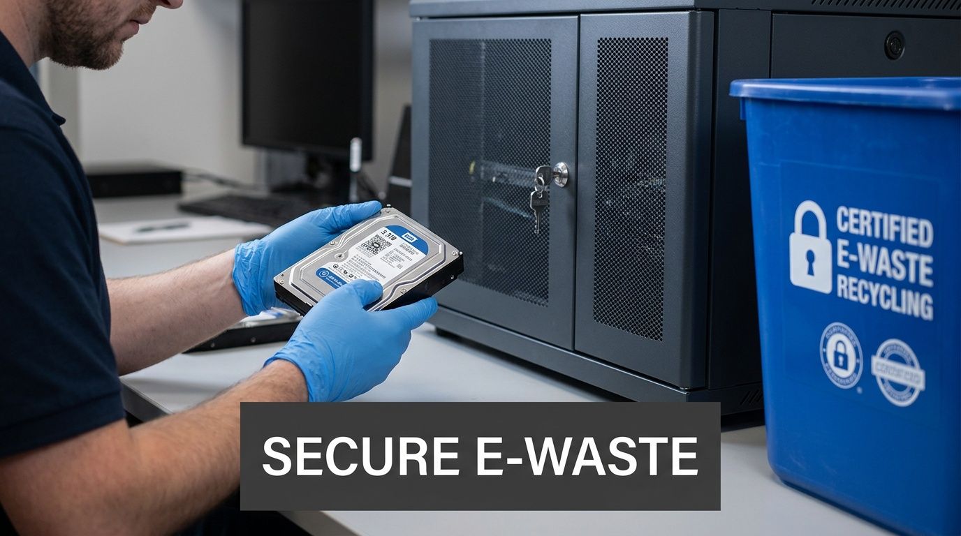 A person in blue gloves holding a hard drive for secure e-waste recycling.