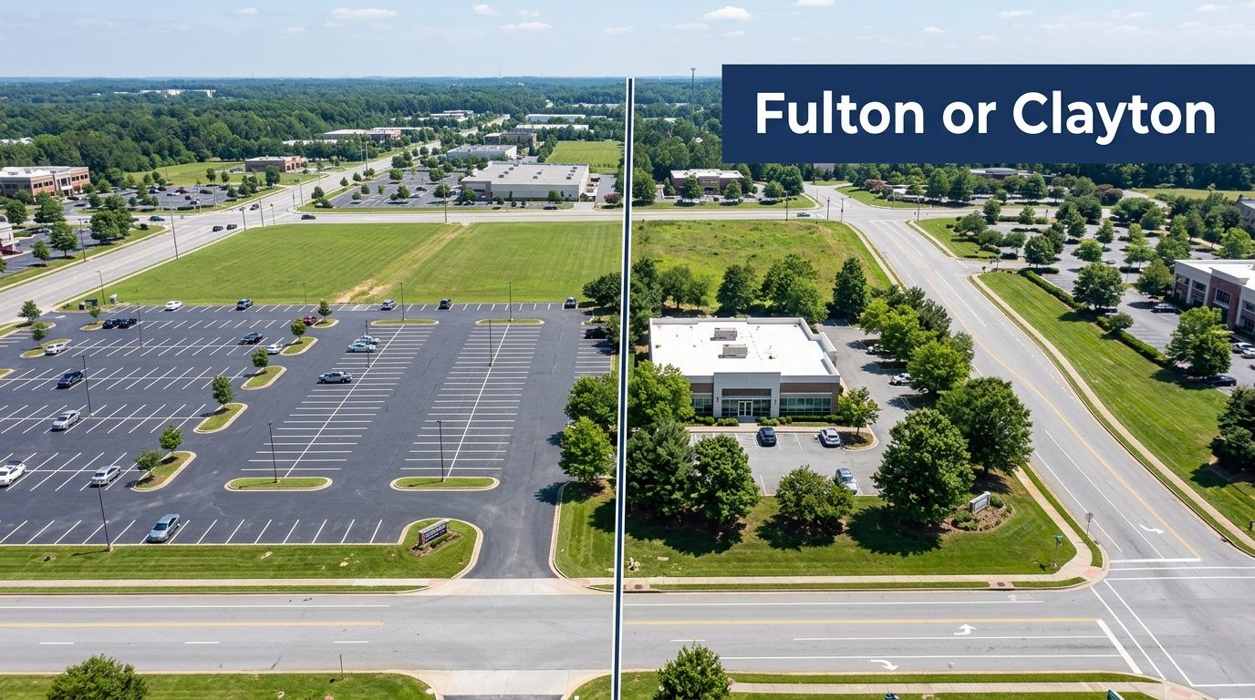 Aerial view of a suburban landscape with roads, parking lots, and commercial buildings, divided by a line.