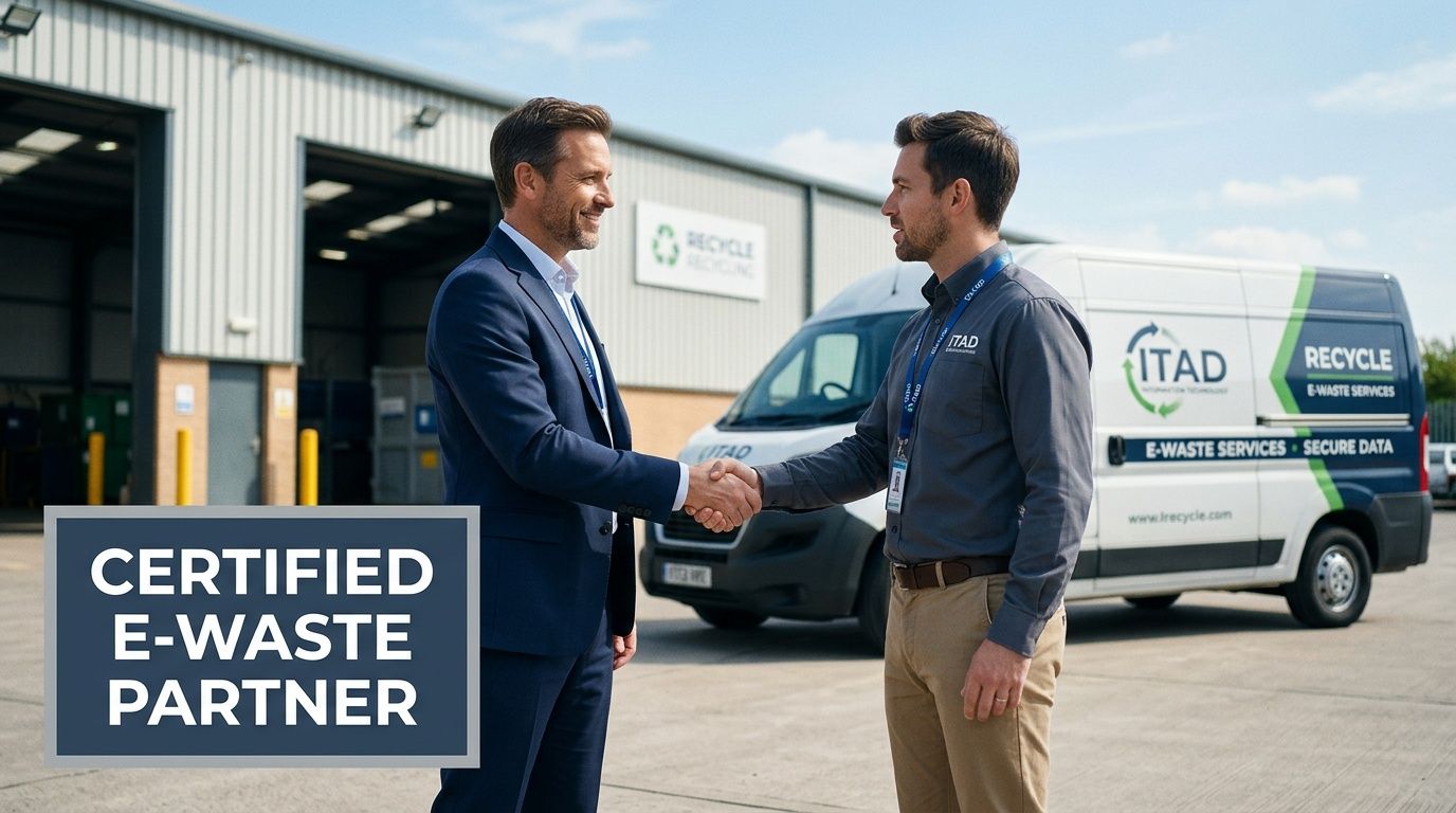 Two men shake hands in front of an ITAD e-waste recycling van, representing a certified partnership.