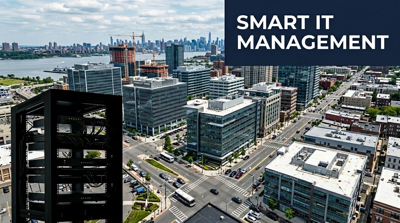 Aerial view of a modern city with office buildings, a river, and a server rack for IT management.