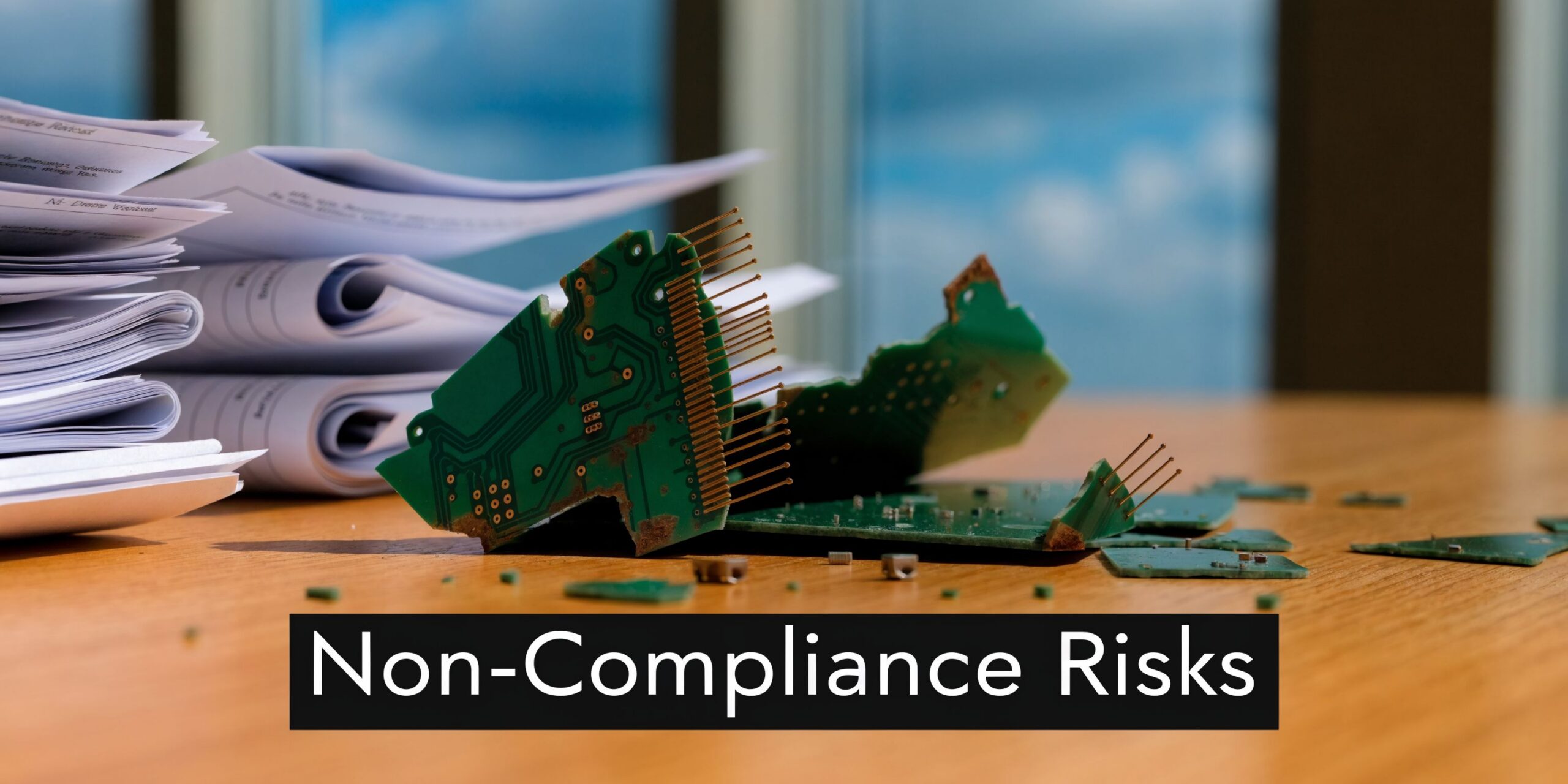 A broken green circuit board resting on a desk next to a stack of paper documents.