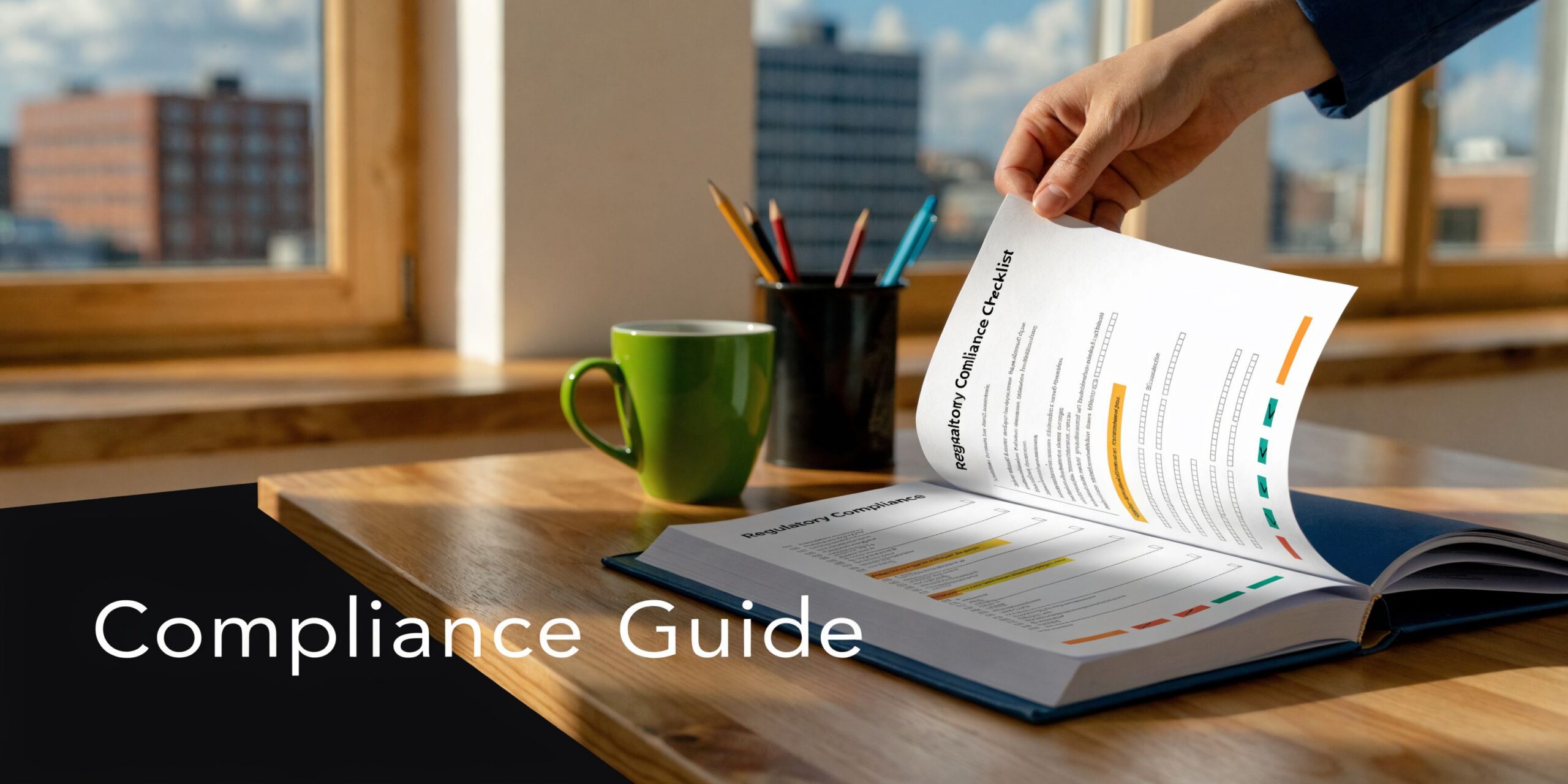 A hand flipping the page of a regulatory compliance checklist workbook on a wooden office desk.