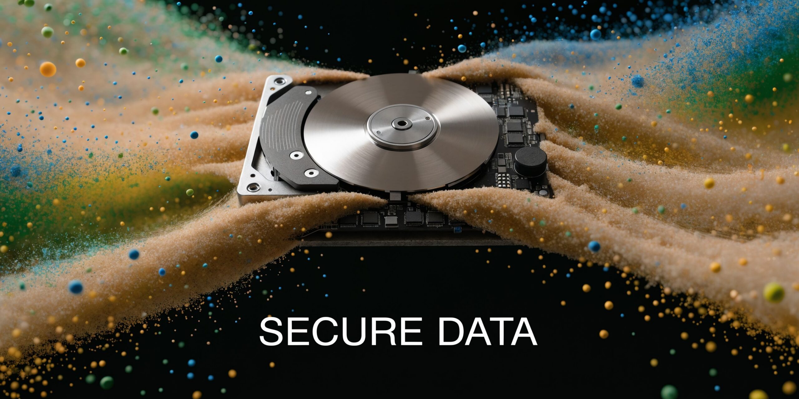 A modern computer hard drive partially covered in sand and abstract particles, symbolizing secure data storage solutions.