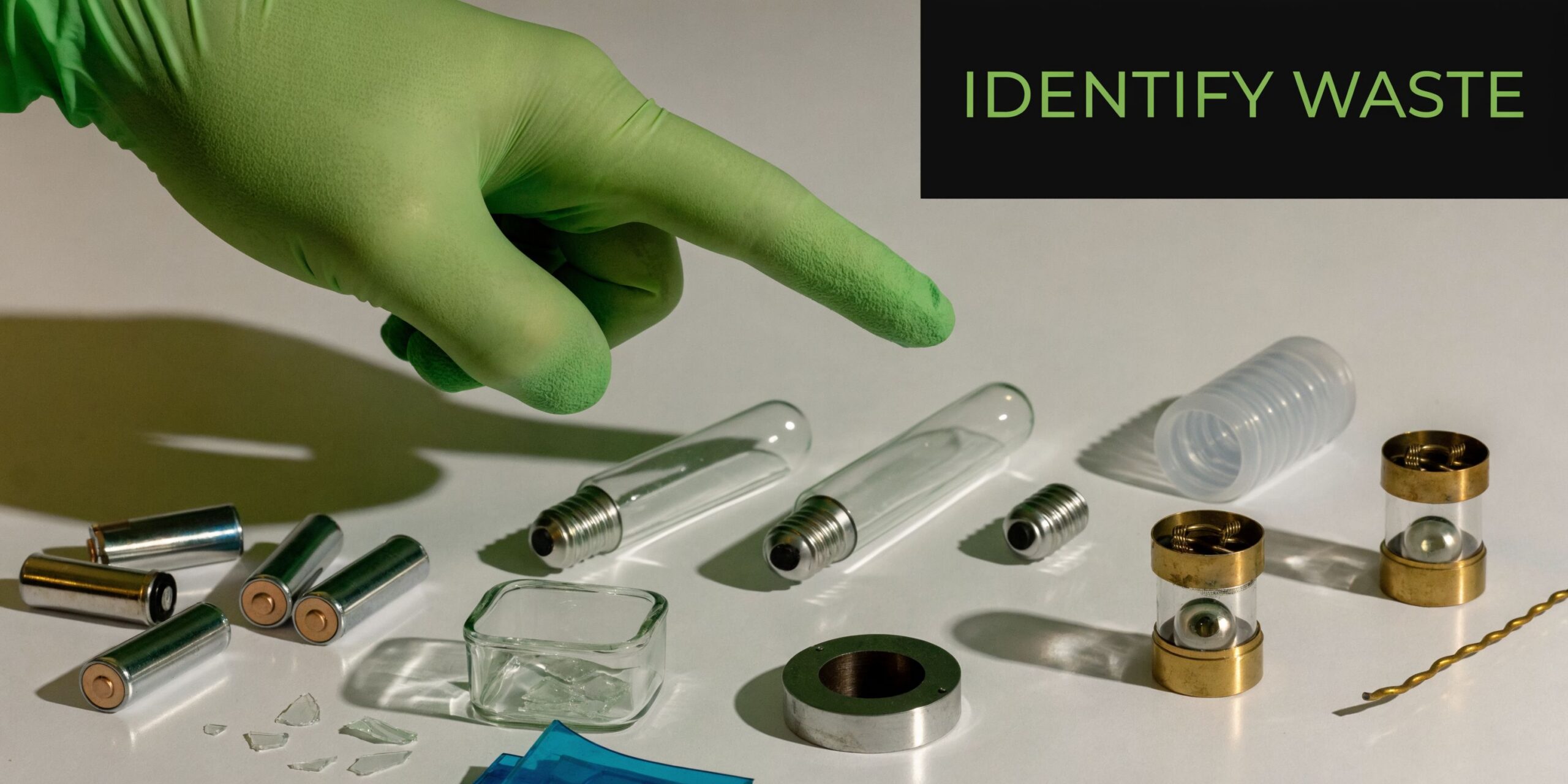 A gloved hand points towards various hazardous waste items like broken glass, batteries, and old light bulbs.