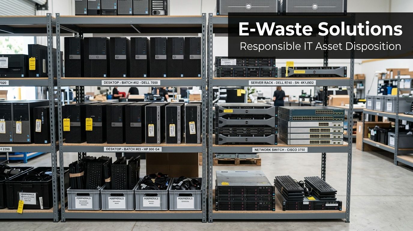 A warehouse shelving unit filled with organized electronic assets like computers, server racks, and peripheral equipment for recycling.