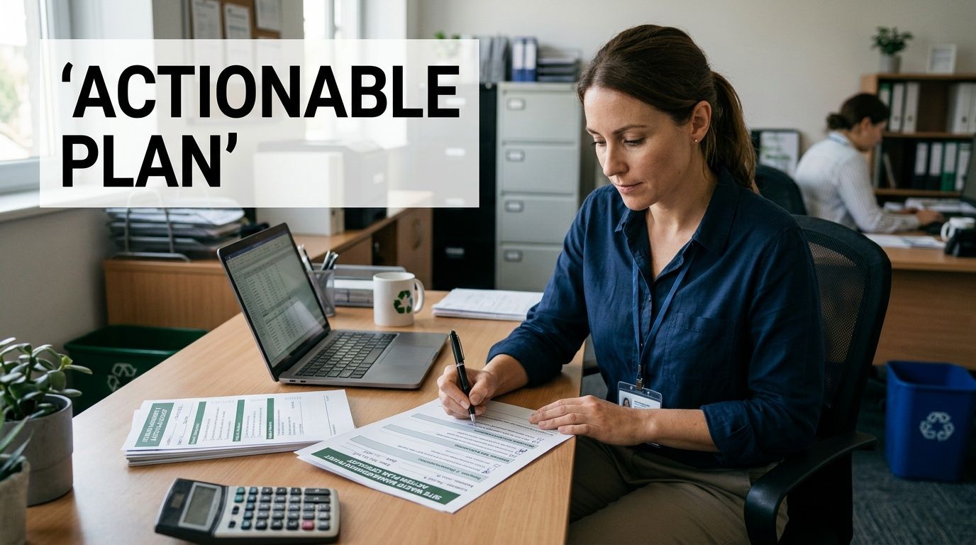 A professional woman in an office setting reviewing and filling out a universal waste management action plan document.