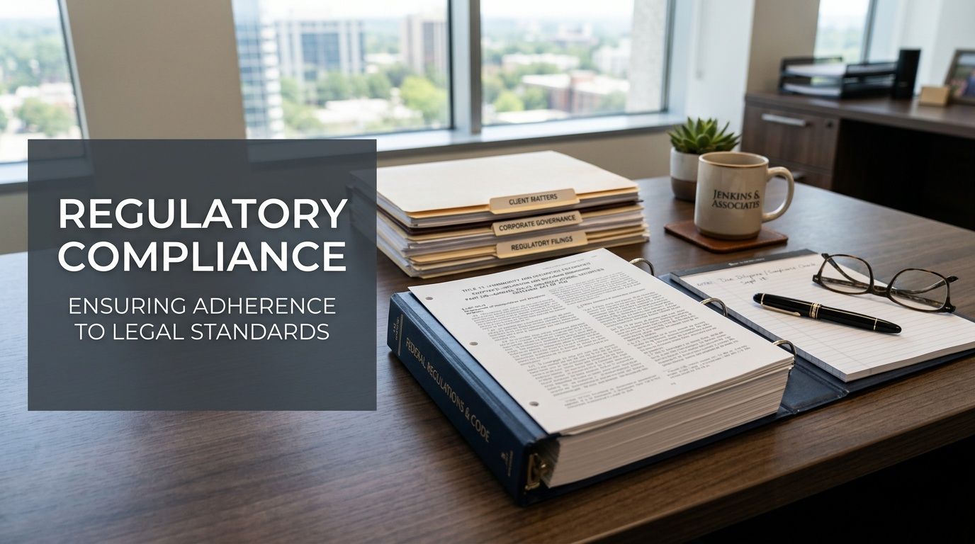 A professional office desk with a binder of federal regulations, legal documents, and a coffee mug.