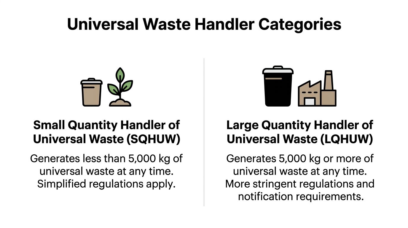 An infographic defining universal waste handler categories: Small Quantity Handlers (SQHUW) and Large Quantity Handlers (LQHUW).