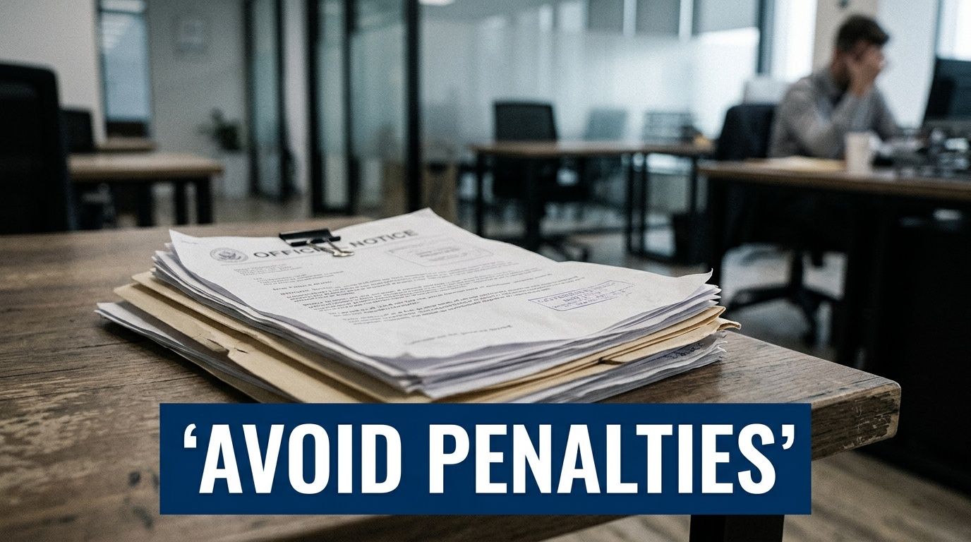 A stack of office documents with an official notice sits on a wooden desk in an office.