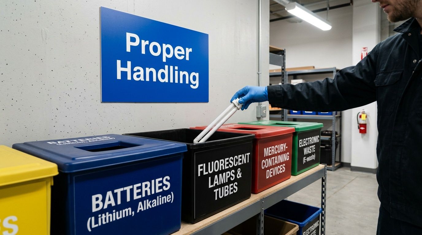 A worker in a warehouse places a fluorescent tube into a labeled recycling bin for proper disposal.