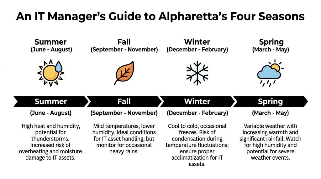 A seasonal guide for IT managers in Alpharetta outlining weather impacts on equipment for all four seasons.