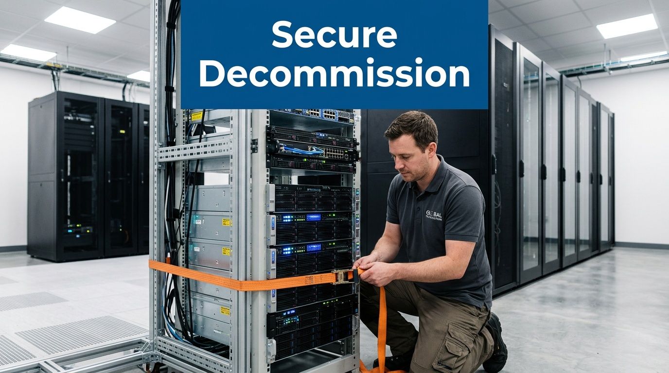 A technician secures server equipment in a data center using an orange strap for safe decommissioning.