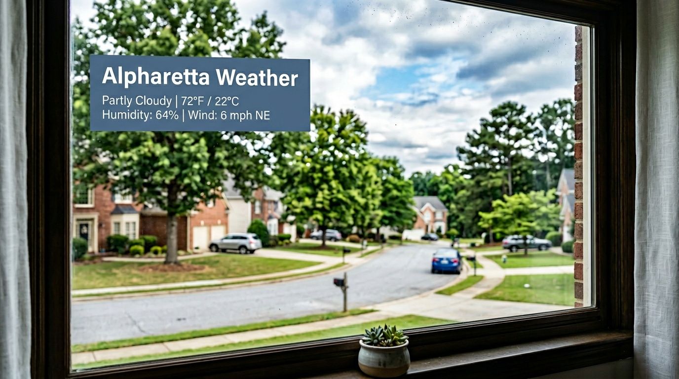 A view through a home window showing a suburban street in Alpharetta with local weather information overlaid.