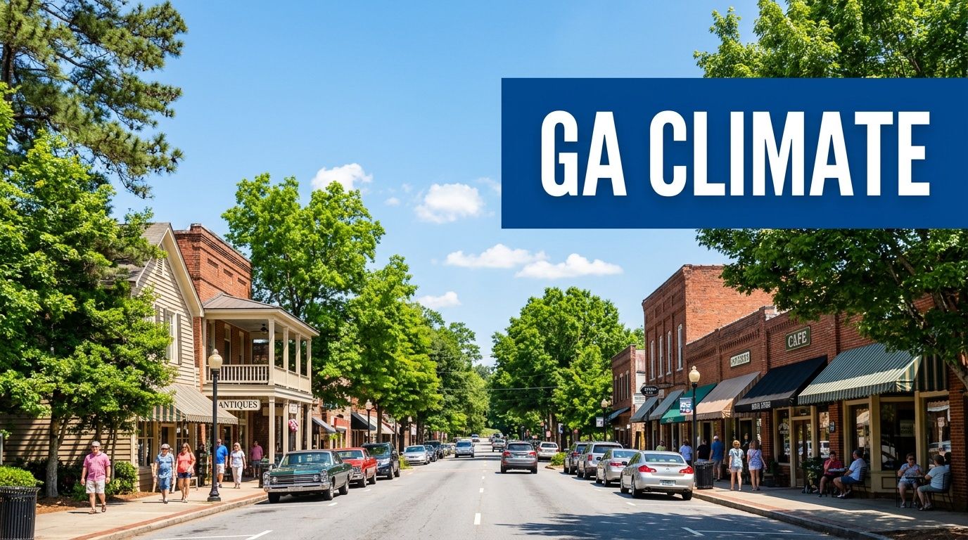 A scenic view of a sunny, tree-lined street in Lawrenceville, Georgia featuring historic brick storefronts and pedestrians.