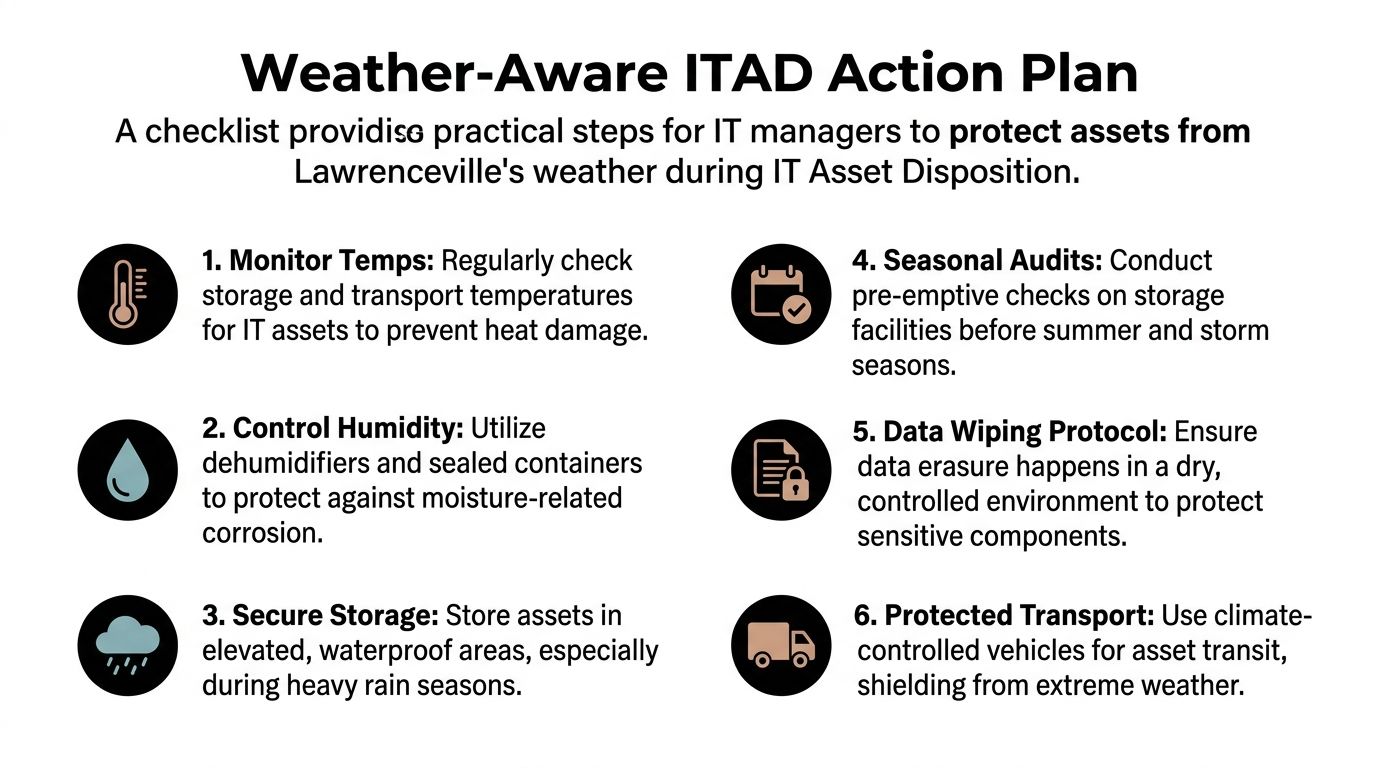 A checklist infographic titled Weather-Aware ITAD Action Plan providing six steps for protecting IT assets during weather changes.