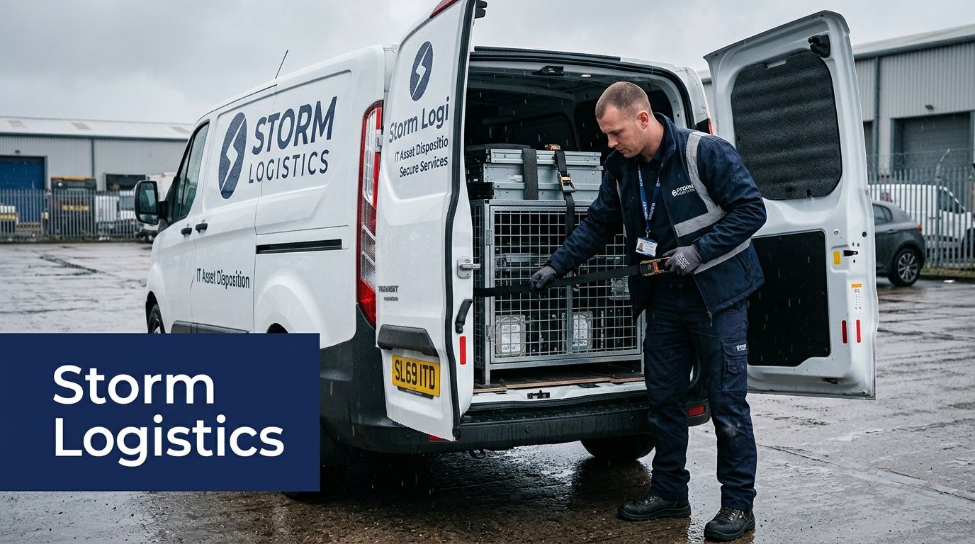 A professional logistics worker securing IT hardware equipment inside a Storm Logistics delivery van at a facility.