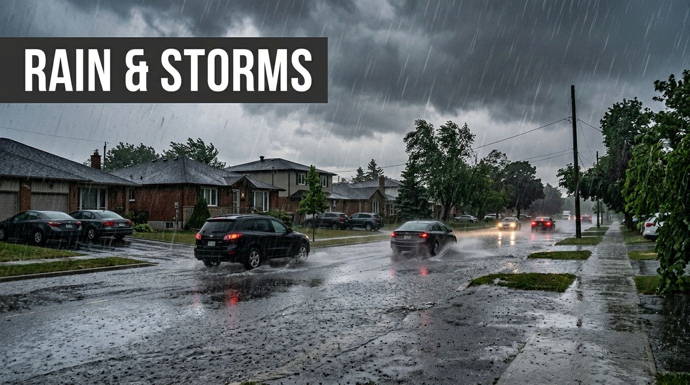 Cars driving through a flooded residential suburban street during a heavy rainstorm with dark storm clouds.