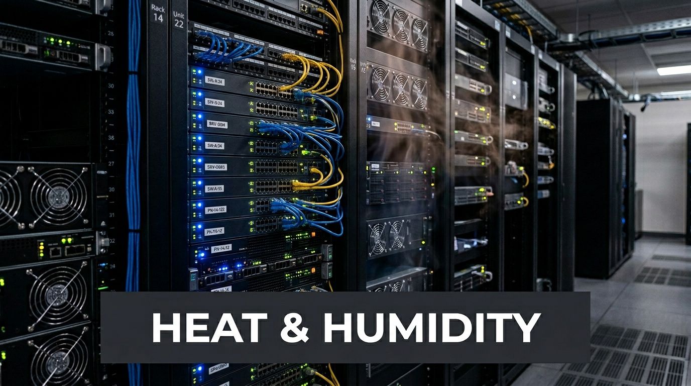 Server rack cabinets in a data center environment showing signs of overheating with visible rising steam.