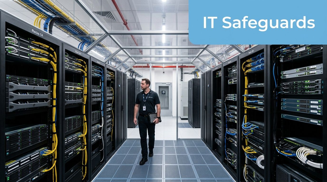 A professional technician walking through a modern server room filled with organized racks of IT hardware equipment.