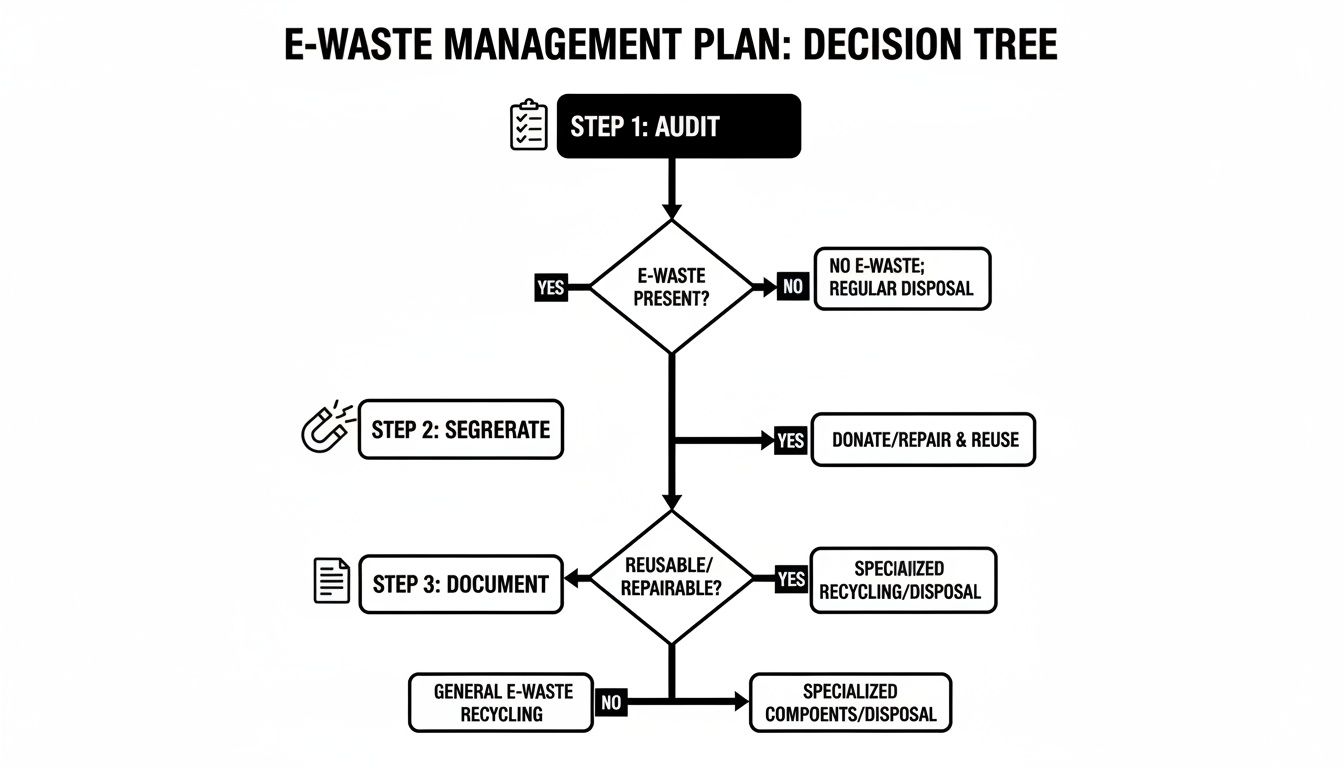 E-waste management plan decision tree flowchart outlining steps for audit, segregation, repair, reuse, recycling, and disposal.
