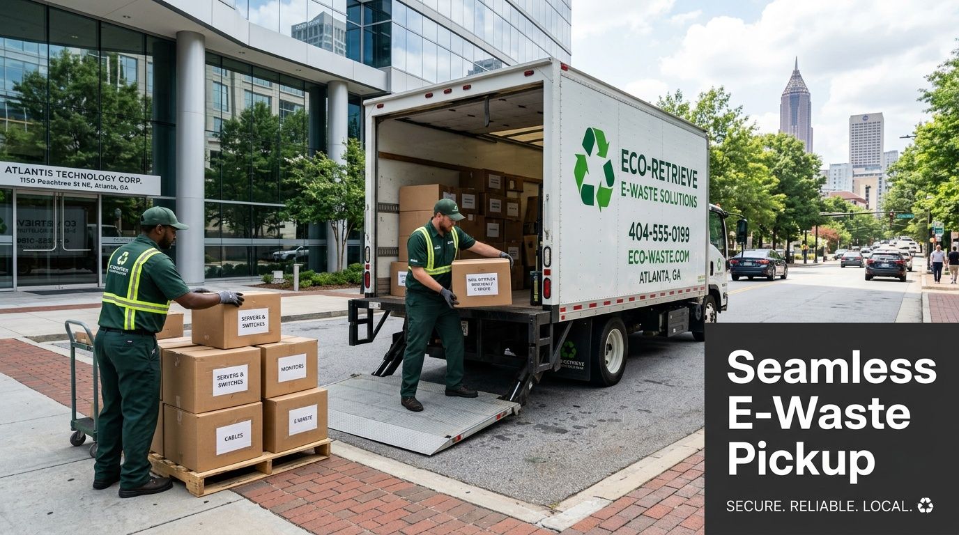 Two workers load boxes of e-waste, including servers and monitors, into an Eco-Retrieve truck in Atlanta.
