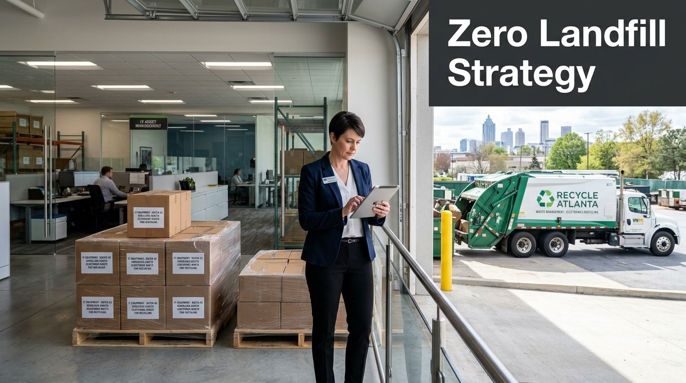 A woman with a tablet manages electronics recycling operations at a facility with a Recycle Atlanta truck.