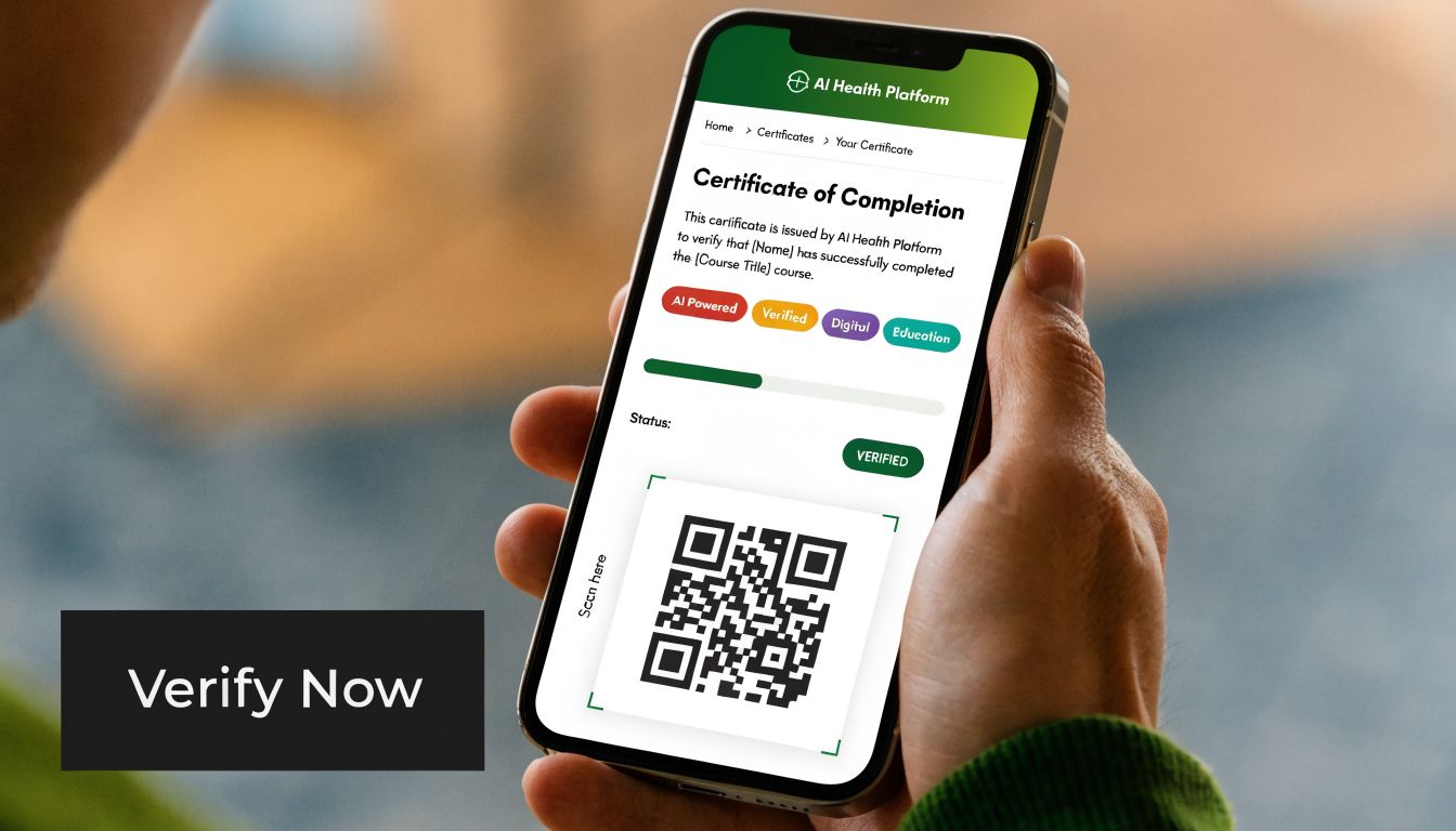 A person holding a smartphone showing an AI Health Platform digital certificate with a QR code.
