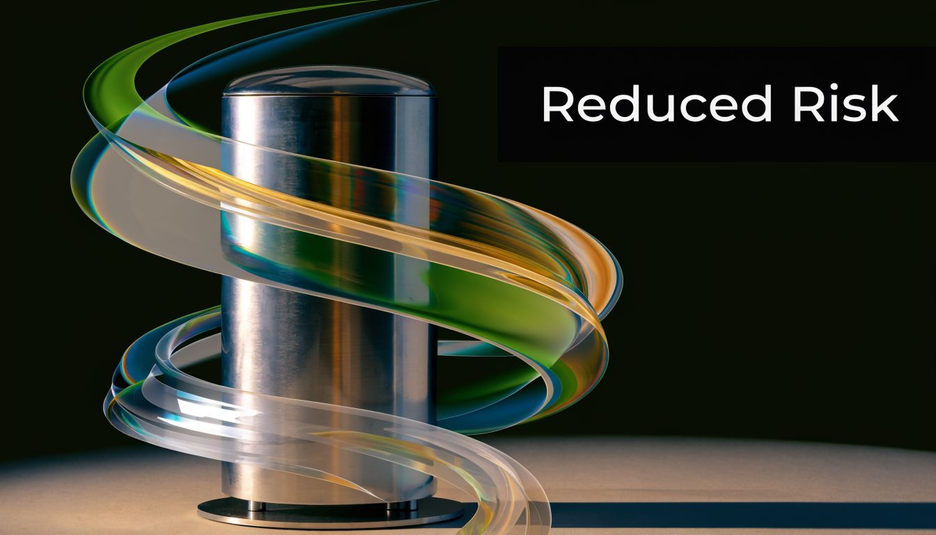 A sleek metallic cylinder stands centered behind a dynamic, translucent swirling ribbon of green and gold.