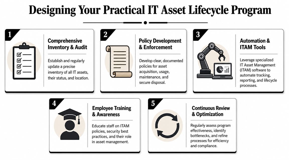 A five-step infographic guide for designing a practical IT asset lifecycle management program for businesses.