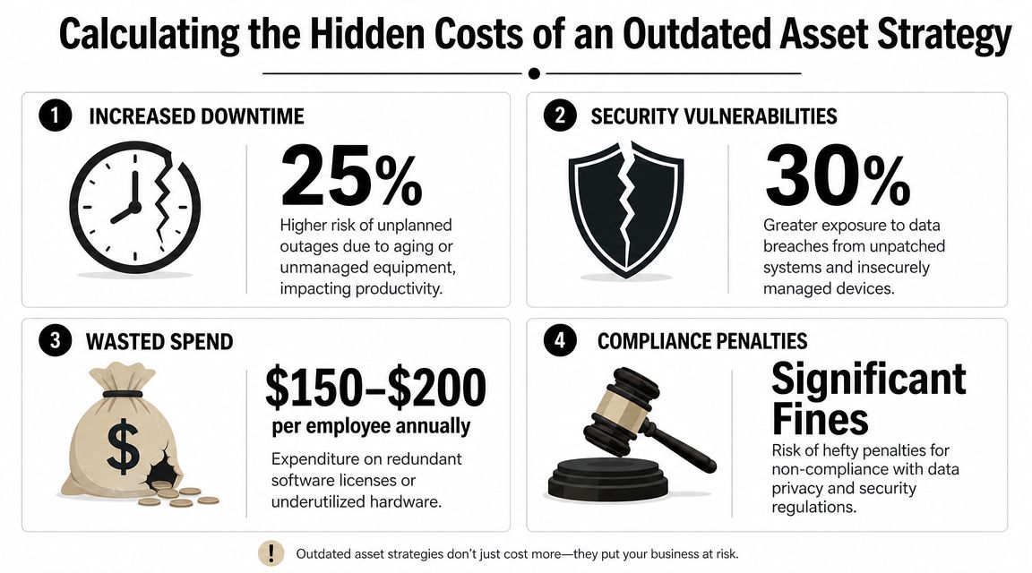 An infographic detailing four hidden costs of outdated business asset strategies including downtime, vulnerabilities, spending, and penalties.