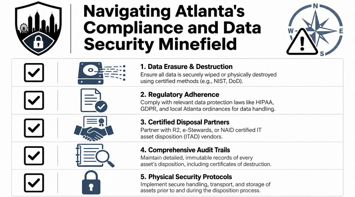 A checklist infographic illustrating five key steps for navigating Atlanta's IT compliance and data security requirements.