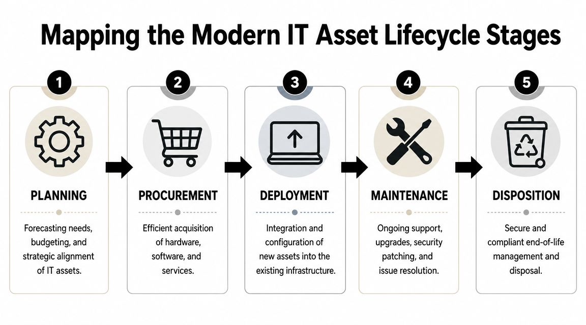 A five-step flowchart illustrating the IT asset lifecycle stages from planning to secure final disposition.