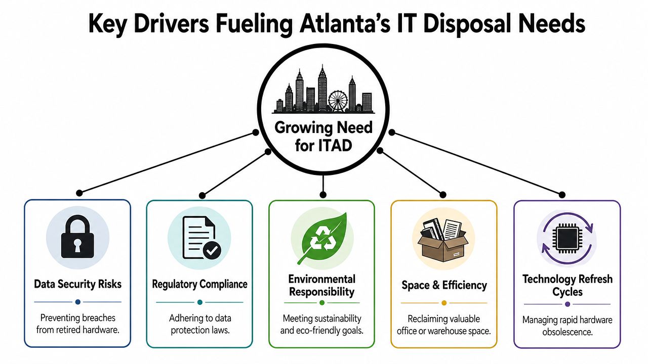 A diagram outlining the key drivers fueling the growing demand for IT asset disposal services in Atlanta.